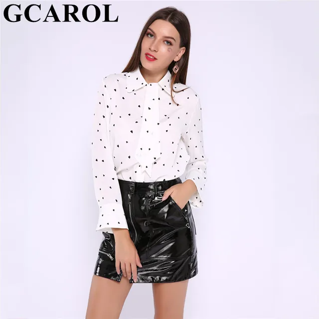 US $13.79 GCAROL 2019 Women Bowknot Small Love Printed OL Shirt White Sweet Chiffon Blouse Spring Fall Winter