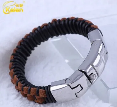 Мужские черные и коричневые кожаные браслеты 316 из нержавеющей стали с застежкой на кнопке, мужской браслет, аксессуары, ювелирные изделия с китайского рынка