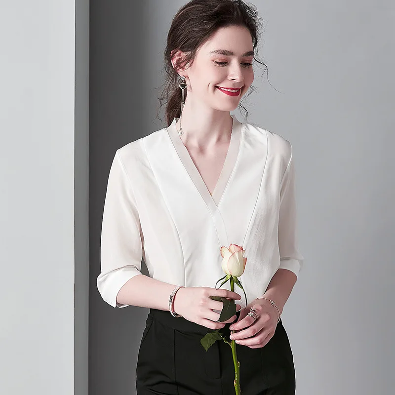 white chiffon silk blouse for women high quality long sleeve 4XL plus size casual sexy office dress shirts V neck dropshipping white chiffon silk blouse for women high quality long sleeve 4XL plus size casual sexy office dress shirts V neck dropshipping