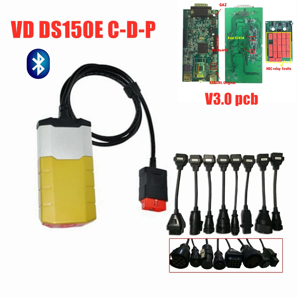 VD DS150E C-D-P для delphis,00 keygen с Bluetooth VCI obd сканер автомобильный грузовик obd2 диагностический инструмент+ 8 кабелей для грузовиков