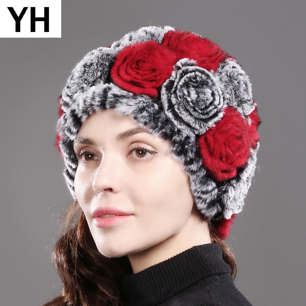 

2019 Russia Hot Sale Winter Floral Genuine Fur Skullies Hat Women Knitted 100% Natural Rex Rabbit Fur Hats Warm Real Fur Caps