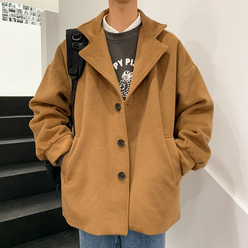 Winter Thick Cotton Wool Coat Men's Fashion Solid Color Casual Woolen Jacket Men Streetwear Loose British Wind Woolen Coat Male Winter Thick Cotton Wool Coat Men's Fashion Solid Color Casual Woolen Jacket Men Streetwear Loose British Wind Woolen Coat Male