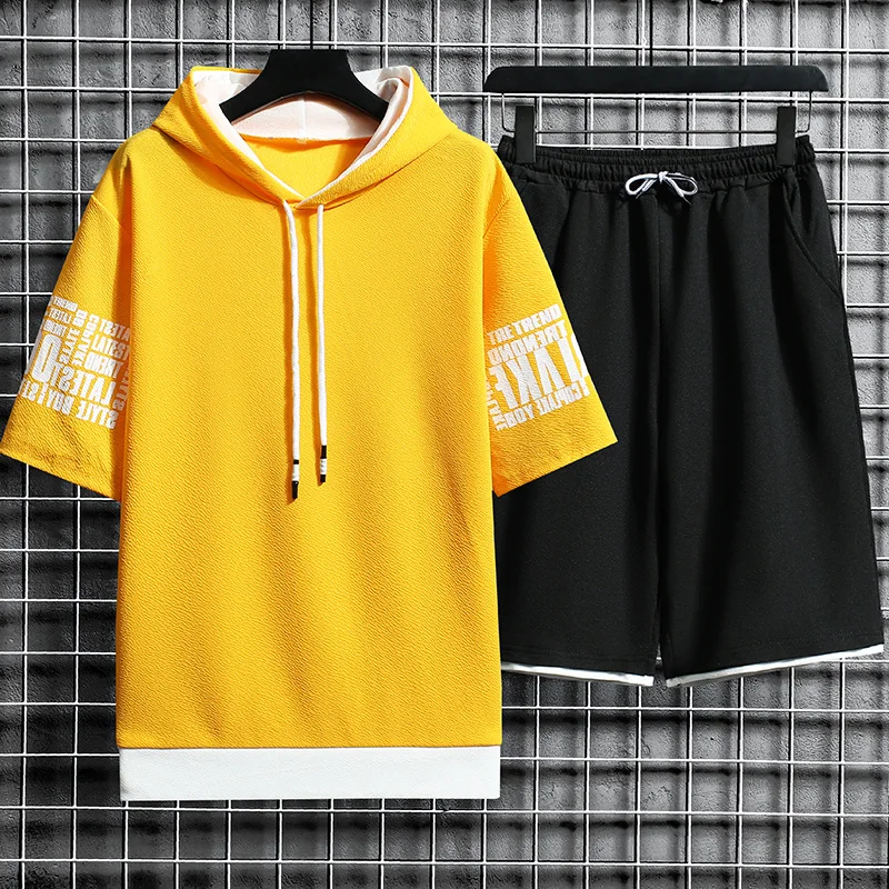 

Men Short Sleeved Sets 2023 Summer New Mens Harajuku Hooded T-shirt + Shorts Casual Fashion Printing 2 Piece Suit Mens Clothing