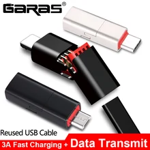 GARAS Reused USB Cable For iPhone/Micro USB/Type C Fast Charger Data Cable For iPhone/iPad/Xiaomi/Huawei Reusable USB Cable 1.5m