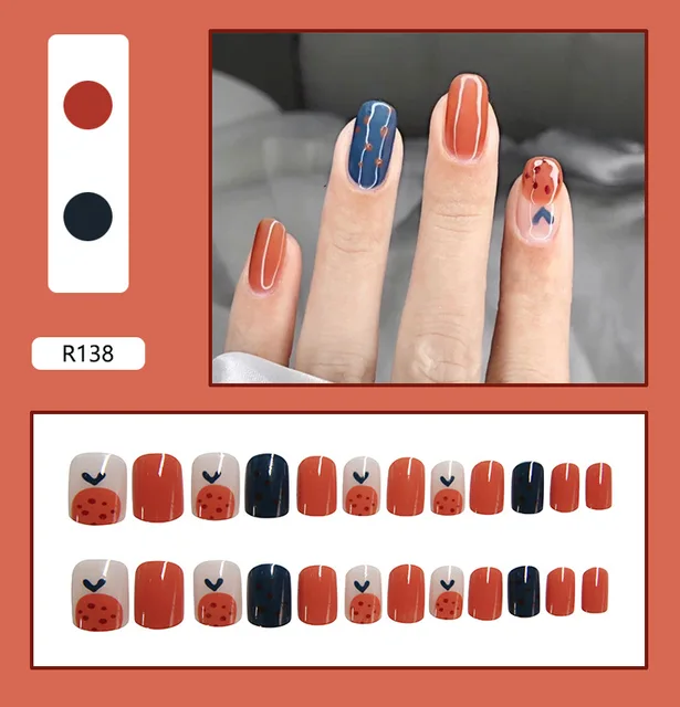 24 Sheet/Set Cute Face Fake False Nail Tips Grid Round Full Cover Glue Manicure Makeup New Design Pure Art Nail Stickers R138