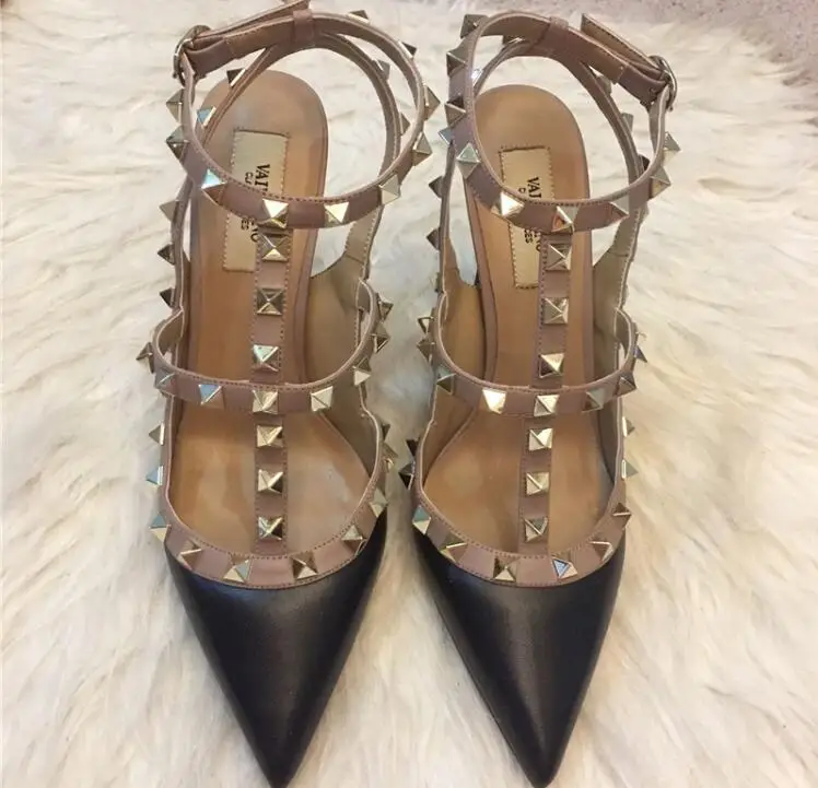 Hot SaleDesigner Pointed Toe 2Strap with Studs high heels Patent Leather rivets Sandals Women Shoes valentine high heel Shoes