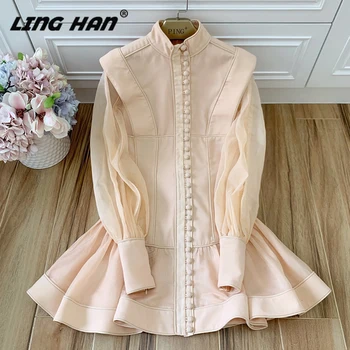 

LINGHAN Vacation Solid Single-breasted Dress Fashion Lantern Sleeve Stand Mini dresses Spring Summer Runway New