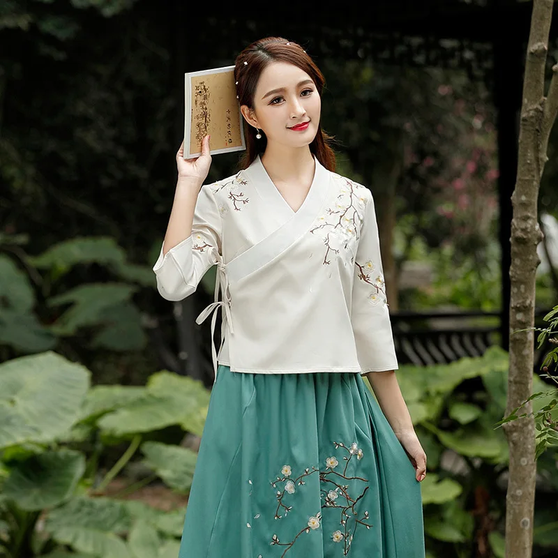 Hanfu костюмы рубашка Античная Мода вышивка художественная восстановление чай церемония китайский стиль Одежда Qipao народные женские топы синий
