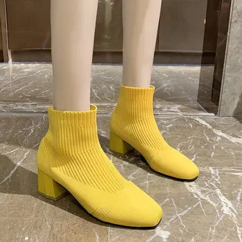

Knitted Sock Boots Heels Women Elastic Ankle Boots Thick Heel Women Square Heel Boots Autumn Stretch Fabric Shoes 2020