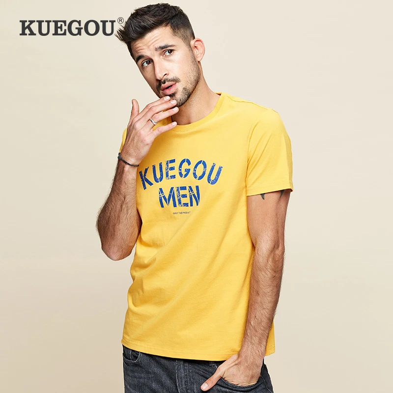 KUEGOU 2021 летняя 100% хлопковая белая футболка с принтом Мужская брендовая коротким