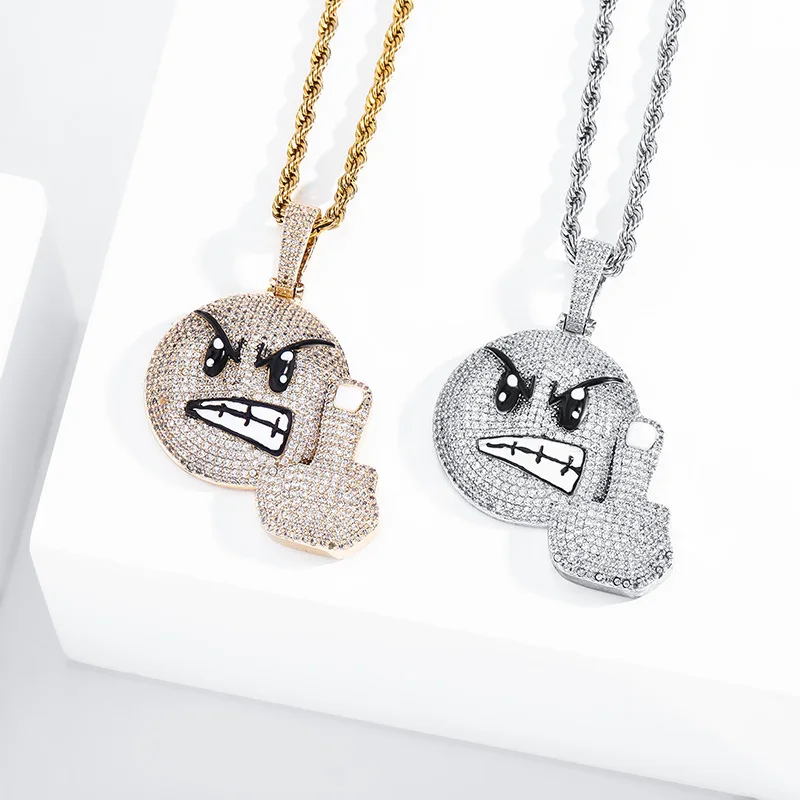 

Hip Hop Claw Setting AAA+ CZ Stone Bling Ice Out Erect Middle Finger Despise Expression Necklace for Men Rapper Jewelry