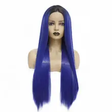 Special Price Fashion Ombre Blue Long Silky Straight Hair Heat Resistant Glueless Synthetic Lace Front Wigs for Black Women Middle Part 26inch