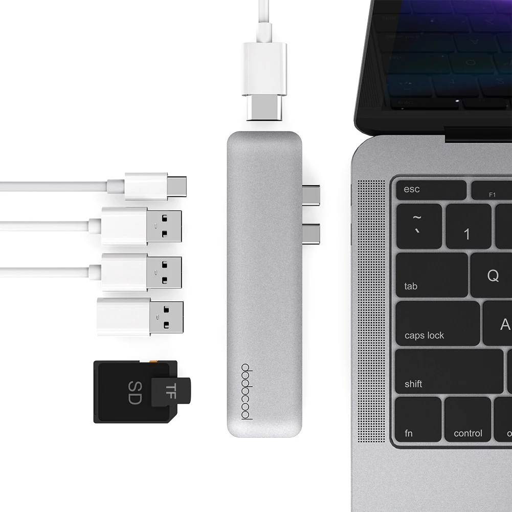 Dodocool Alloy 7-in-1 Dual USB-C USB C HUB with 4K HD TF Card Reader 3 USB 3.0 HUB Thunderbolt Type-C HUB for MacBook