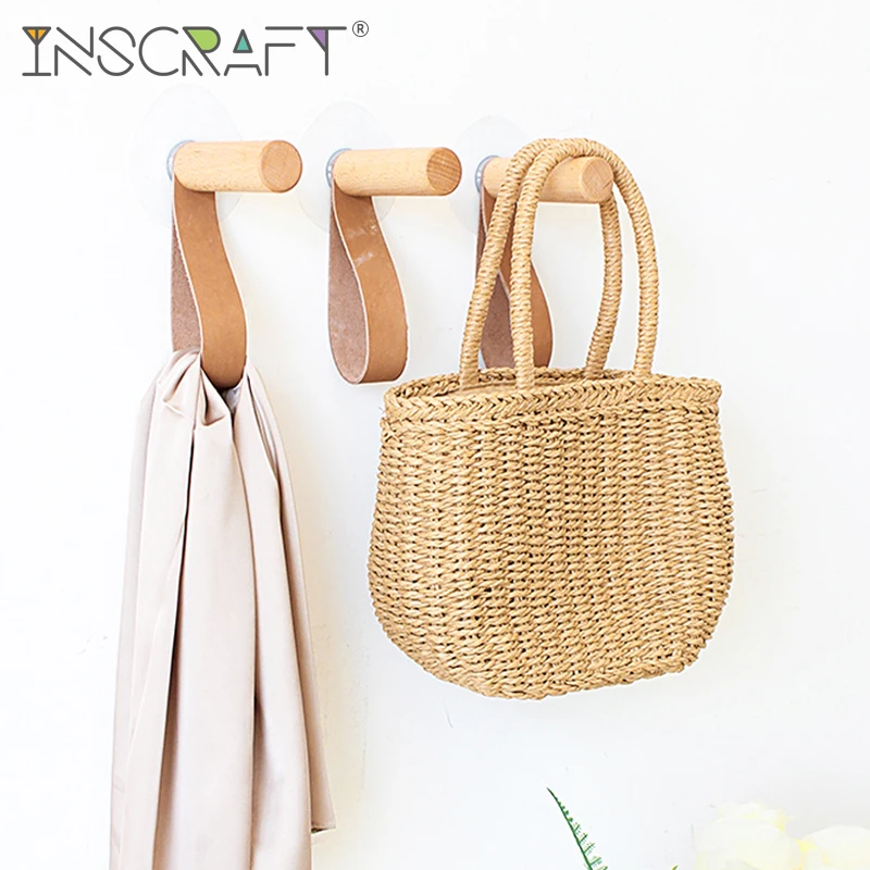 

Handcraft Natural Wooden Coat Hooks with Genuine Leather Belt Adhesive Heavy Duty Wood Sticky Hanger Decorative Key Bag Hook