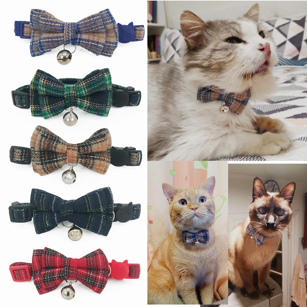 

Cat England Syle Bowtie Collar Cats Bow Tie with Bell Lattice Type Necktie for Small Cat Puppy Kitty Pet Accessory