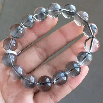 

Certificate 13.3mm Natural Brookite Platinum Silver Rutilated Quartz Crystal Bracelet Round Bead Woman Man AAAAAA