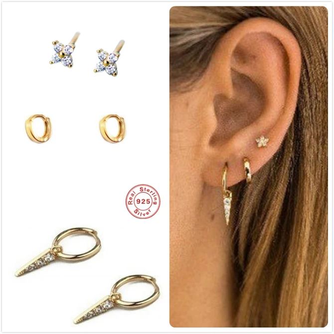925 пробы серебряные серьги для женщин серьги с шипами для девочек хряща уха кость Женская Сережка-гвоздик маленький циркон цветок aretes R5
