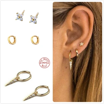 

925 Sterling Silver Earrings For Women Spike Earrings Girl Cartilage Ear Bone Stud Earring Female Small Zircon Flower aretes R5