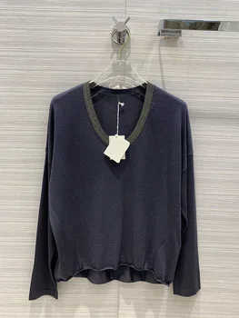 

2020 New Autumn Winter V-neck Chain Stitching Drop Shoulder Long Sleeve Silk Cashmere Sweater Women Free Shipping