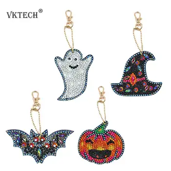

4pcs DIY Full Drill Special Shaped Diamond Painting Keychain Key Rings Cross Stitch Women Girl Jewelry Pendant Halloween Gift