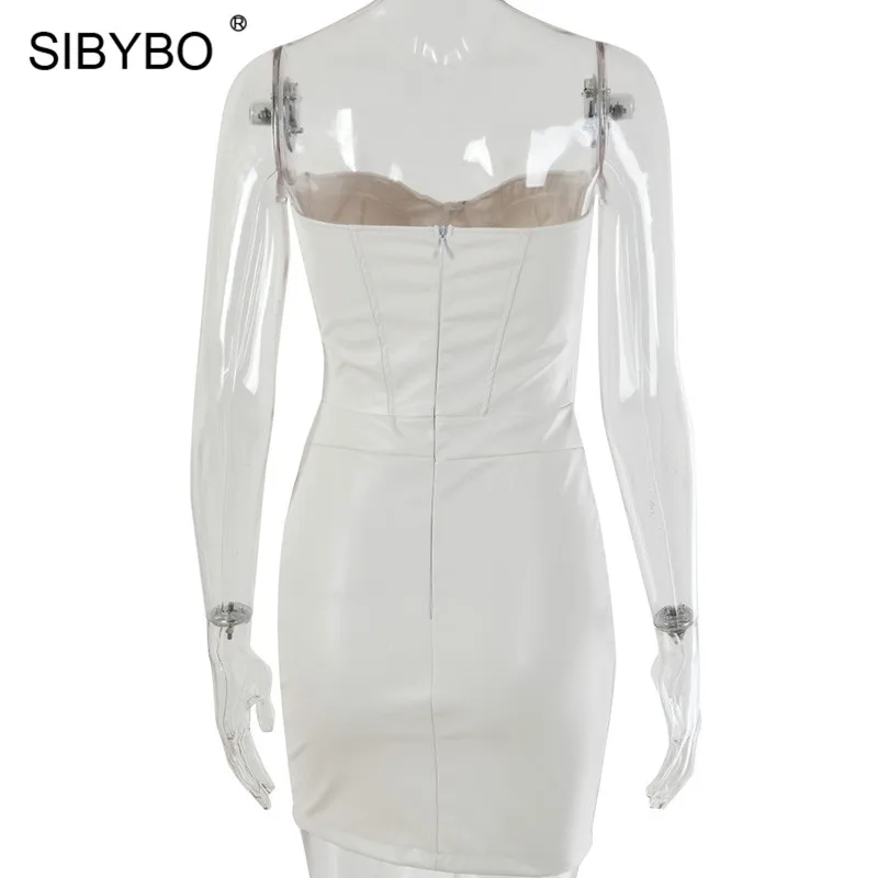 SIBYBO, сексуальное женское платье из искусственной кожи с открытыми плечами, без бретелек, без рукавов, мини, летнее платье, однотонное, с открытой спиной, Клубные, вечерние, короткое