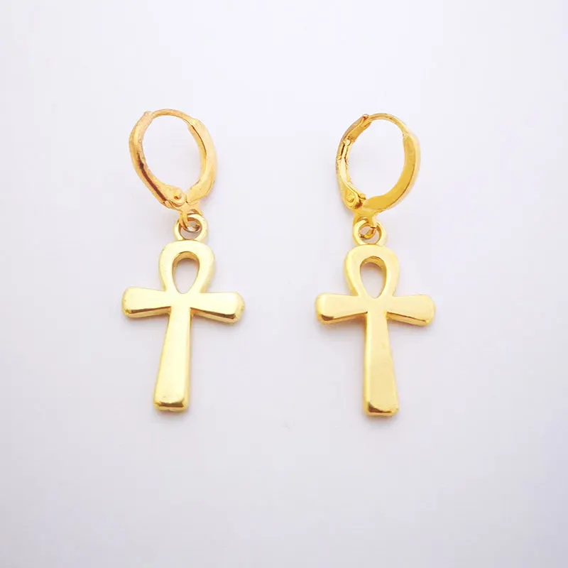 Women's Gold Color Hoop Earrings Egyptian Ankh Cross Female Brincos Pendientes For Women Egypt Jewelry Party African Gift