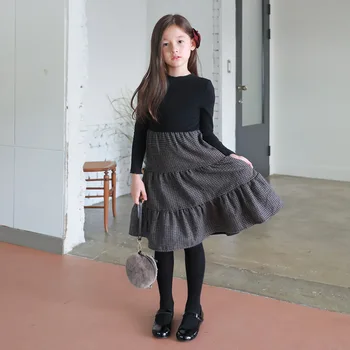 

Girls Dress 2020 girls spanish dresses Autumn Winter Kids Plaid Dress Elastic Knit Top Patchwork Wool Baby Princess Dress Party