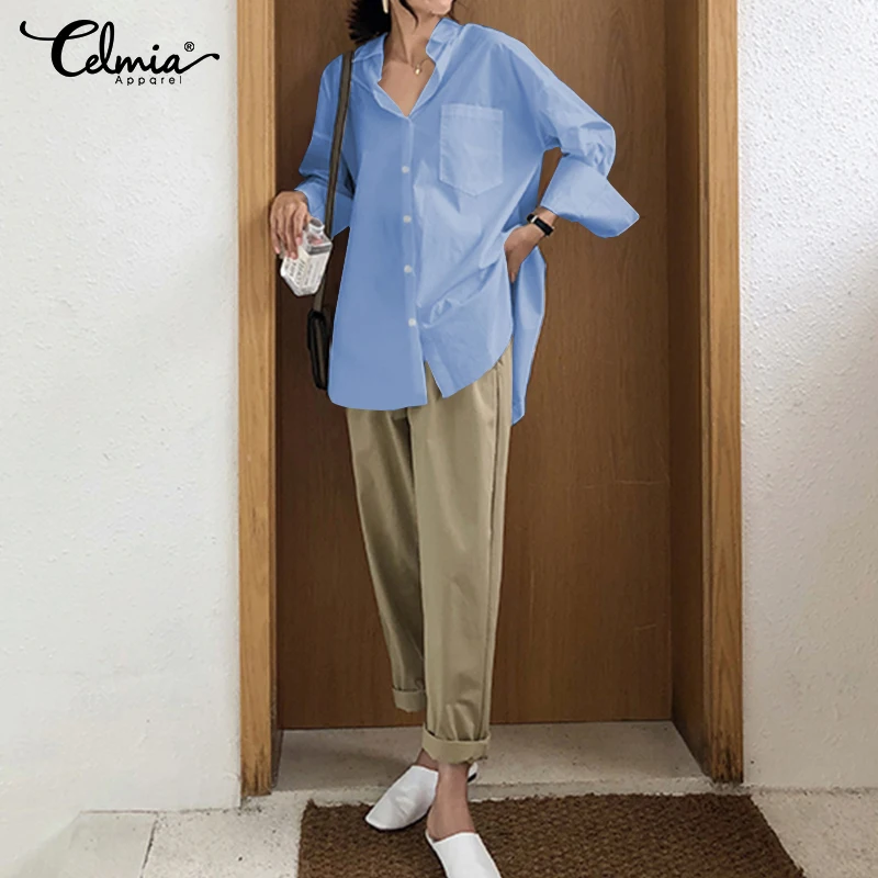 Women's Shirts Stylish Tops and Blouses 2019 Celmia Lapel Casual Solid Long Sleeve Buttons Asymmetric Ladies Baggy Blusas S-5XL