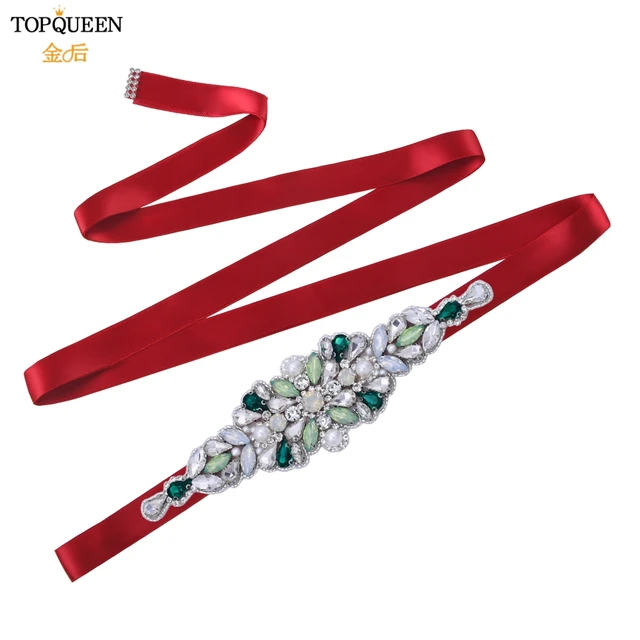 TOPQUEEN S443 Luxury Green Rhinestone Bridal Belt Beaded for Formal Evening Dresses Custom Diamond Decorative Belt Handmade wine red ribbon