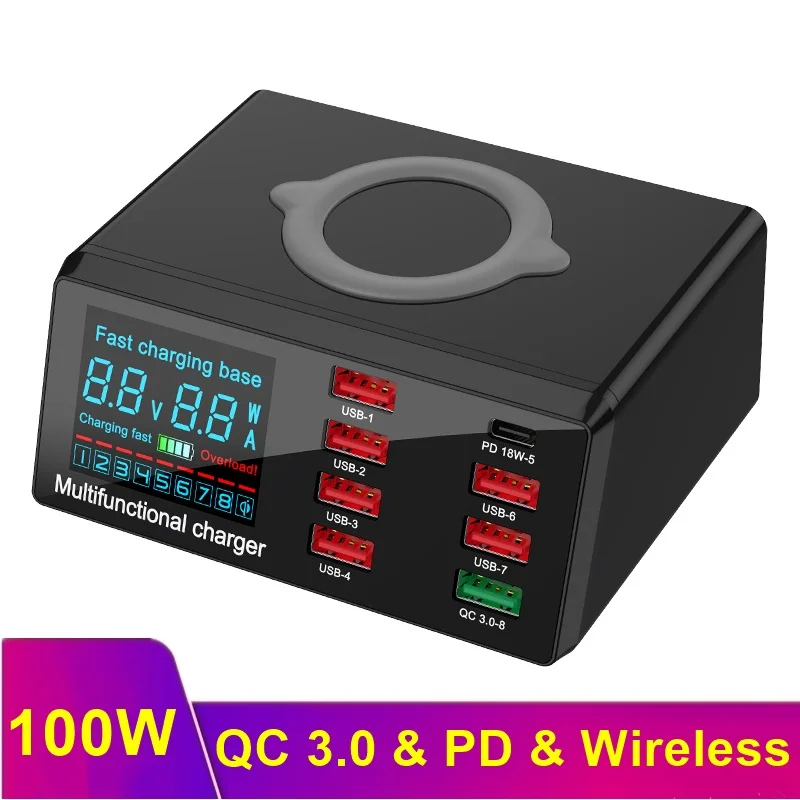 US $24.53 Tongdaytech 100W Multi 8 Port USB Fast Charger For Iphone 11 Pro XS XR 8 Quick Charge 30 Qi Wireless Charger For Samsung S10 S9