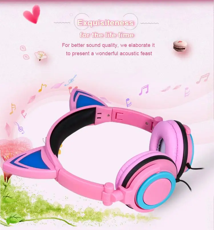 Yiwa Head-mounted Foldable Lovely Cat Ear Headphone LED Flashing Glowing Headset for Adult and Children