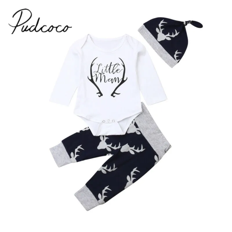

2019 Baby Spring Autumn Clothing Newborn Baby Boy Long Sleeve Little Man Long Sleeve Romper Deer Leggings Hat 3Pcs Clothes Set