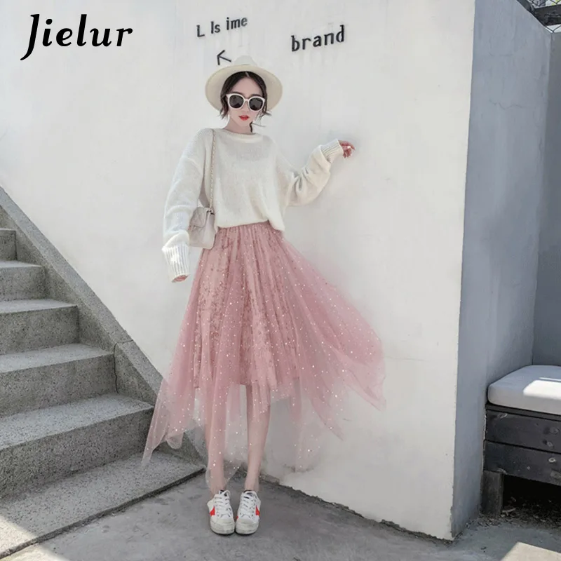 

Jielur Skirts Womens Mesh Tutu Skirt Jupe Femme Irregular Faldas Mujer Moda Elastic Waist 2021 New Spring Elegant Skirt Black