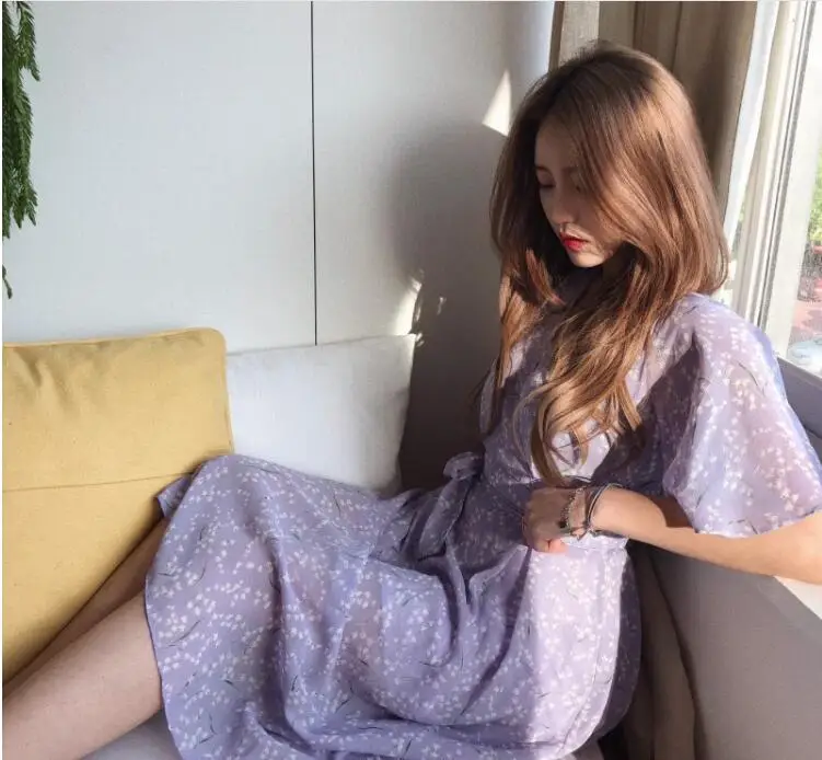 Летнее платье для девочек Boho вечерние шифоновые Женские винтажные платья фиолетовые белые с принтом с коротким рукавом женские платья Robe Vestido