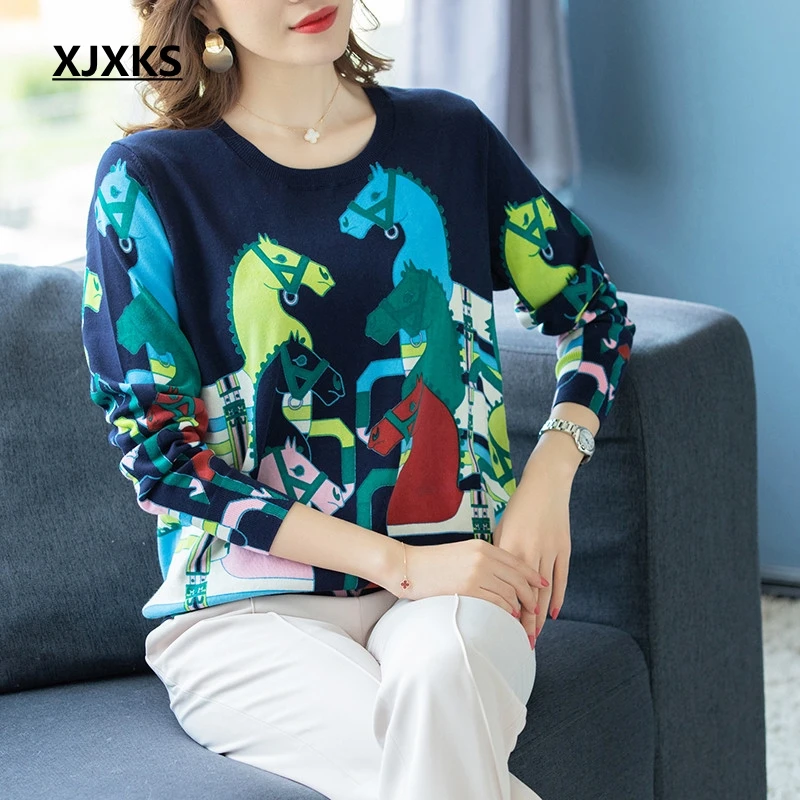 XJXKS, новинка, модный свитер, Осень-зима, теплый пуловер, свитер для женщин, с рисунком лошади, Свитера с принтом, мягкие вязаные свитера