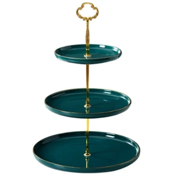 

Ceramic Fruit Plate Emerald Green Three-Layer Cake Plate Candy Dessert Tray Afternoon Tea Snack Rack Household