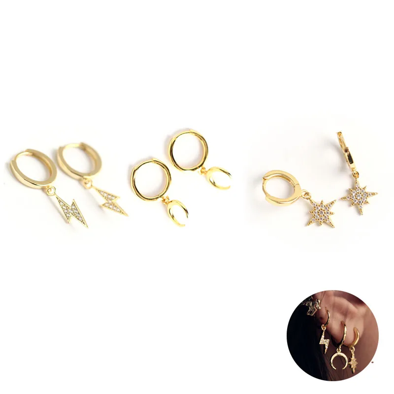 

Small Hoop Earring 925 For Women 925 Sterling Silver Moon Star Lightning CZ Pendant Dangle Earrings Women Jewelry pendientes aro