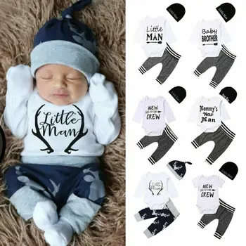 

Pudcoco 3Pcs Newborn Infant Baby Boy Girl Long Sleeve Letter Print Romper Top + Pants + Hats Tracksuit Outfit Clothes 0-18Months