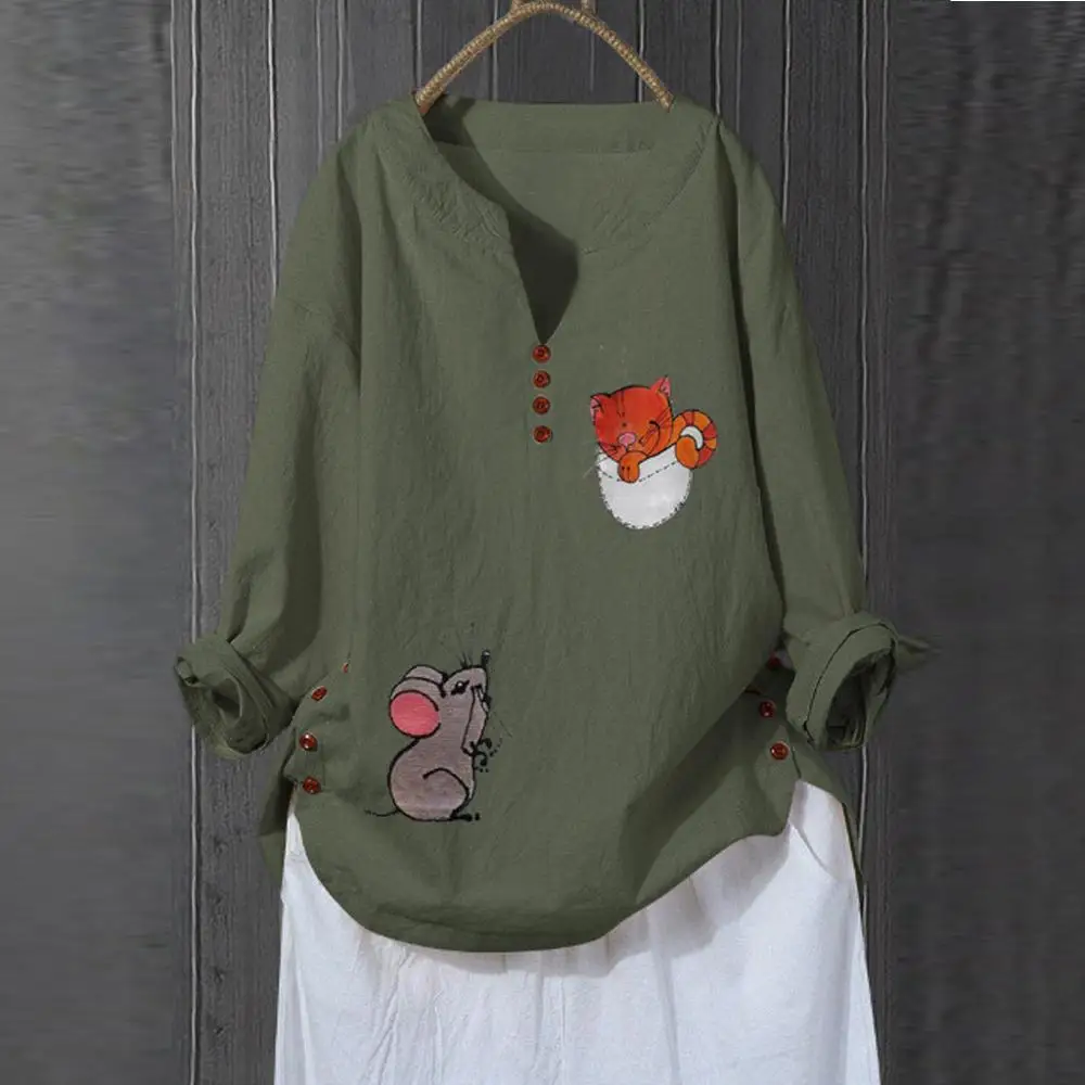 

Women Blouse Large Size 5XL Casual Loose Button Long Sleeve Cat and mouse print Blouse Autumn dames blouses lange mouwen W#