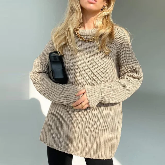 Women Solid Knitted Thickening Oversized Sweater Female Round Neck Long Sleeve Casual Loose Pullovers Top 2021 Autumn Winter Khaki 1