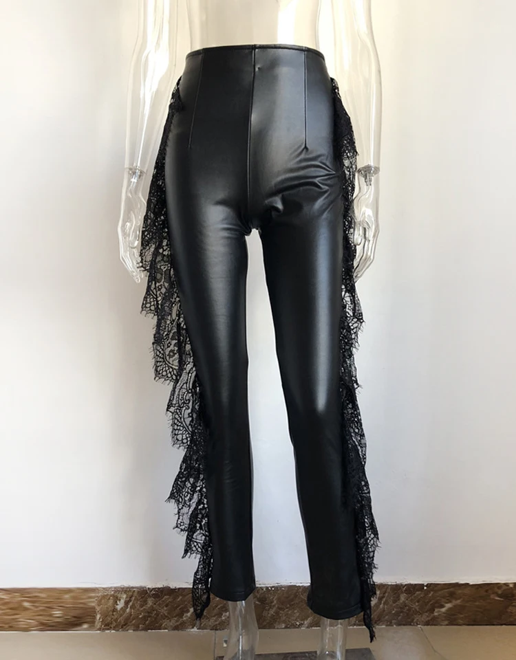 Karlofea женские черные брюки шикарные боковые кружевные оборки Лоскутные низ Элегантные повседневные наряды узкие брюки-карандаш зимние брюки