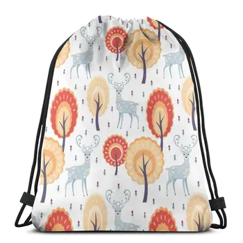 

New beam mouth backpack Drawstring Drawstring Folk Deer And Tree bag Unisex fashion bag