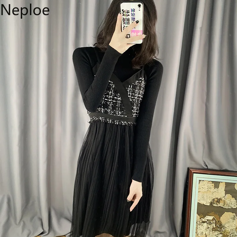 

Neploe Korean Elegant 2 Piece Women Set Skinny Lace Knit Sweater Dress Patchwork Asymmetrical Small Fragrance Camis Autumn 45888