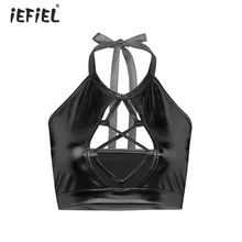 Женский топ из блестящего металлического материала с лямкой на шее, пляжная одежда, открытая передняя часть, открытая спина, жилет, укороченная майка, топы, блузка, ночная Клубная одежда