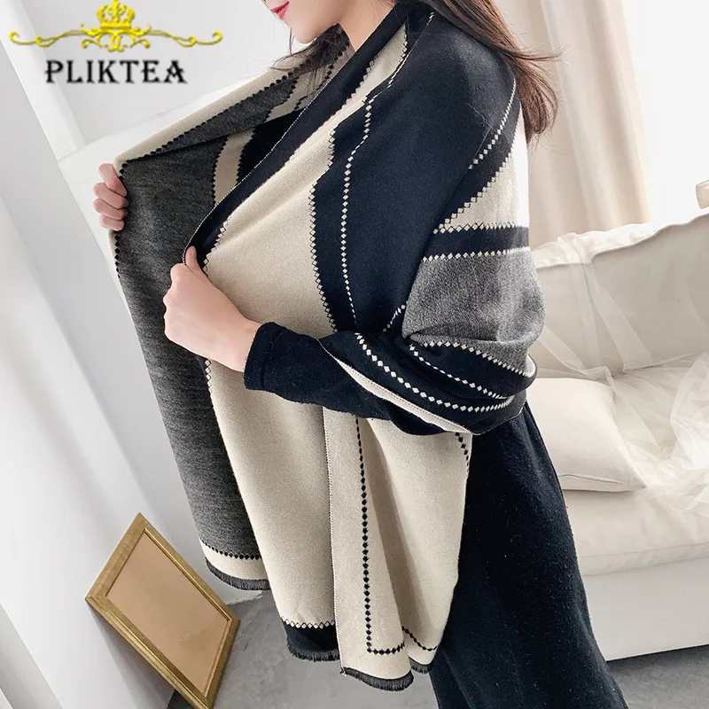 

Gray Black Patchwork Winter Faux Cashmere Women's Shawl Fashion Female Tippet Scarf Wrap Warm Pashmina 2019 Wool Ladies Scarf