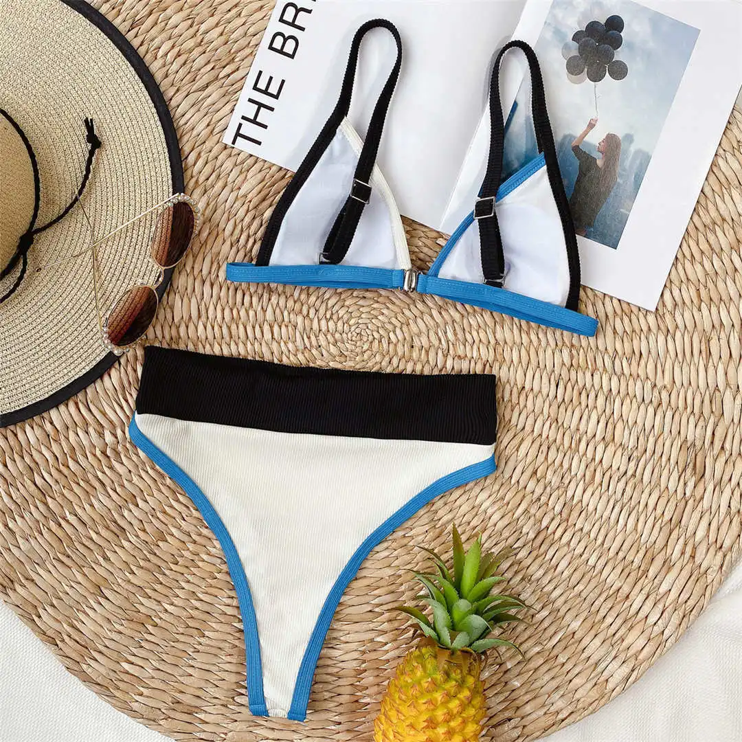Ribbed Splicing High Waist Bikini 2020 Female Swimsuit Women Swimwear Two-pieces Bikini set Bather Bathing Suit Swim Lady V2441