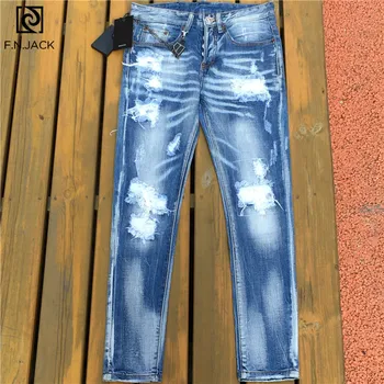 

F.N.JACK Mens Jeans Stylish Ripped Jeans Pants Biker Skinny Denim Trousers Men Slim Straight Brand Denim Ripped Jeans for Male