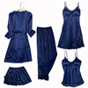 Satin Lace Pajamas Sets Womens 5PC Strap Top Pants Suit Sleepwear Spring Autumn Home Wear Nightwear Bath Gown M-XL ► Photo 3/6