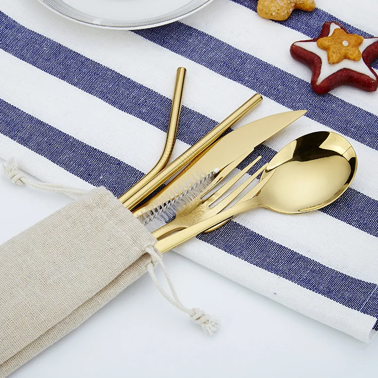 Золотой Портативный столовый набор из вилок нож ложка с экологически чистой