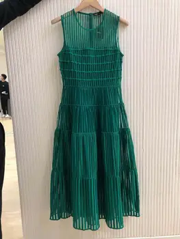 

O-neck Striped Slim Waist Sleeveless Midi Dress Women Back Zipper 2020 Autumn Clothes